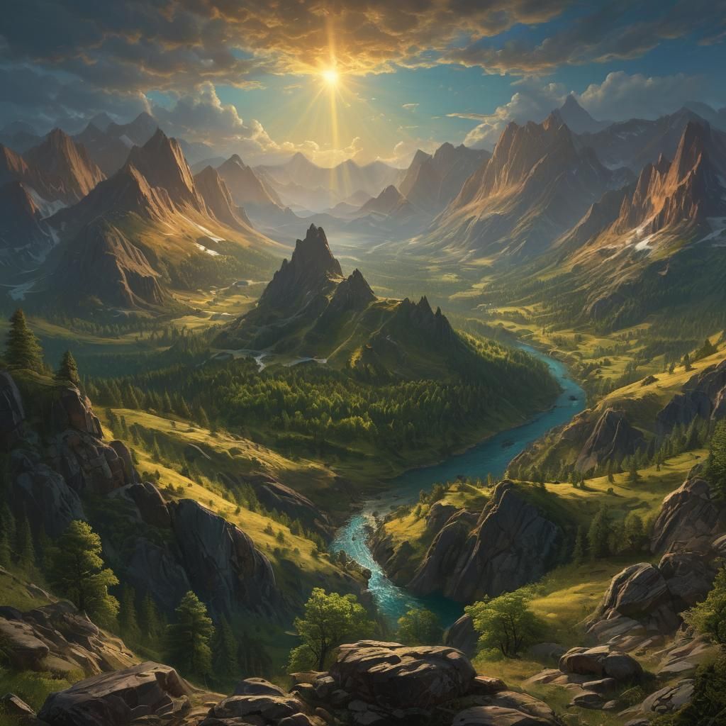 Photorealistic Landscape Painting with Sunburst and Mountain...