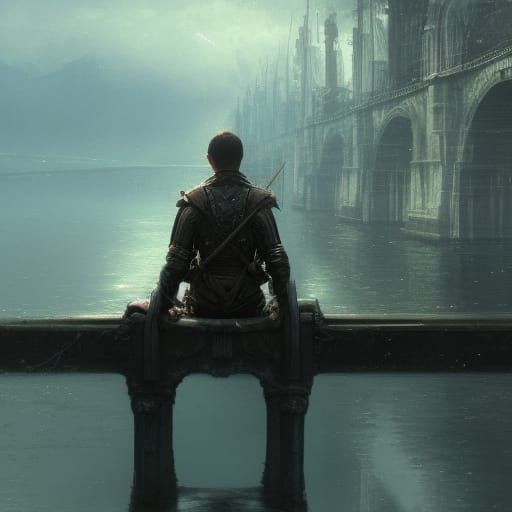 Boy on Bridge Reflects Armored Figure in Fantasy Art