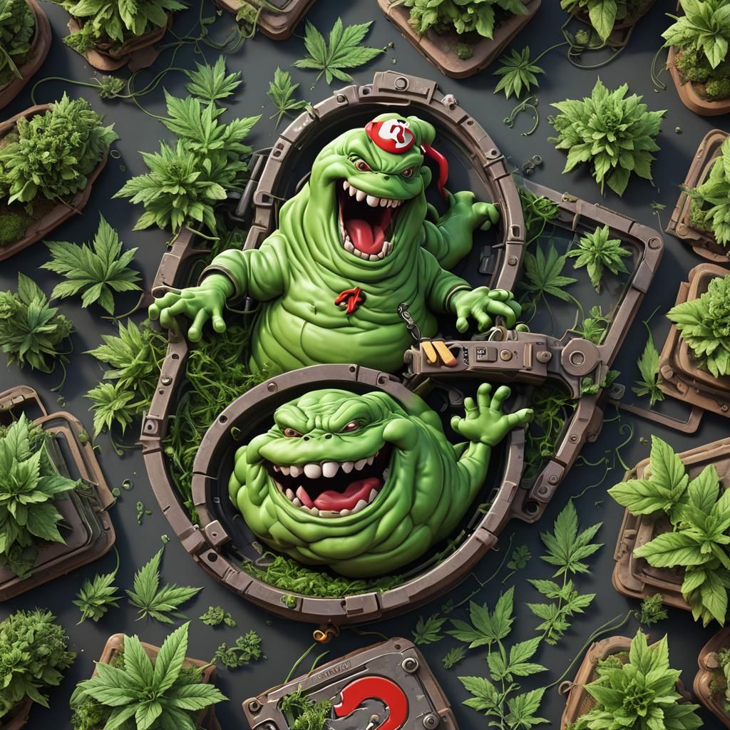 Ghostbusters Slimer Cannabis 3D Logo in Matte Painting Style