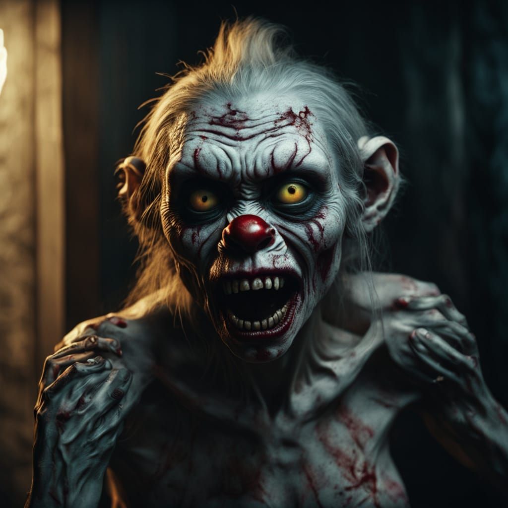 Grotesque Female Clown Cries in Dark Bedroom