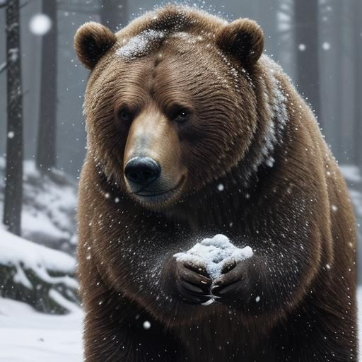 Brown Bear Beats Tambourine in Snowy Forest