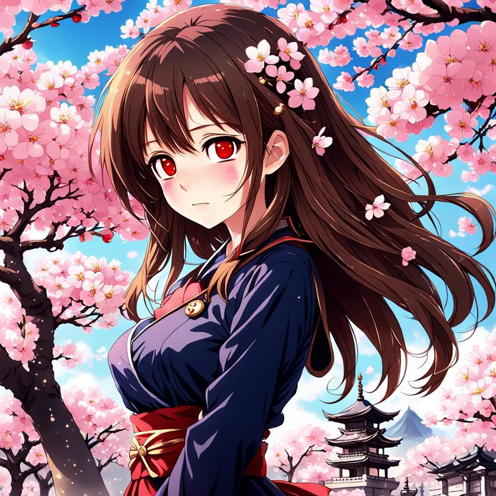 Anime Woman Blushing Under Cherry Blossoms