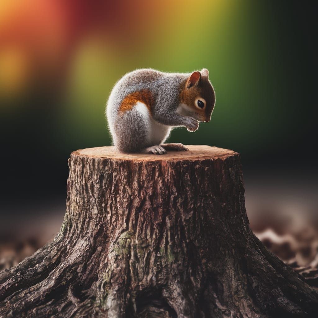 Sorrowful Squirrel Mourns Fallen Tree in Vibrant Forest