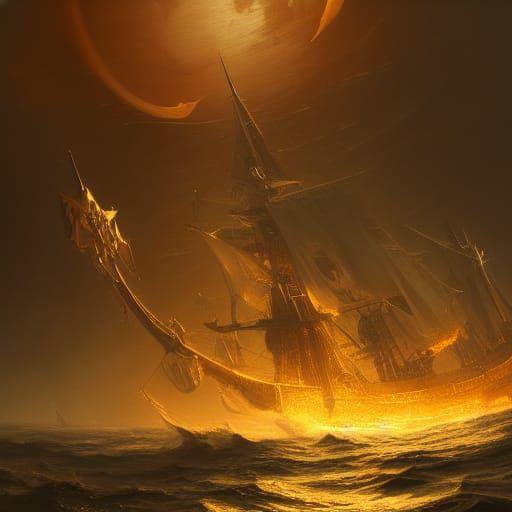 Golden Ship at Sea: Hyperdetailed Concept Art
