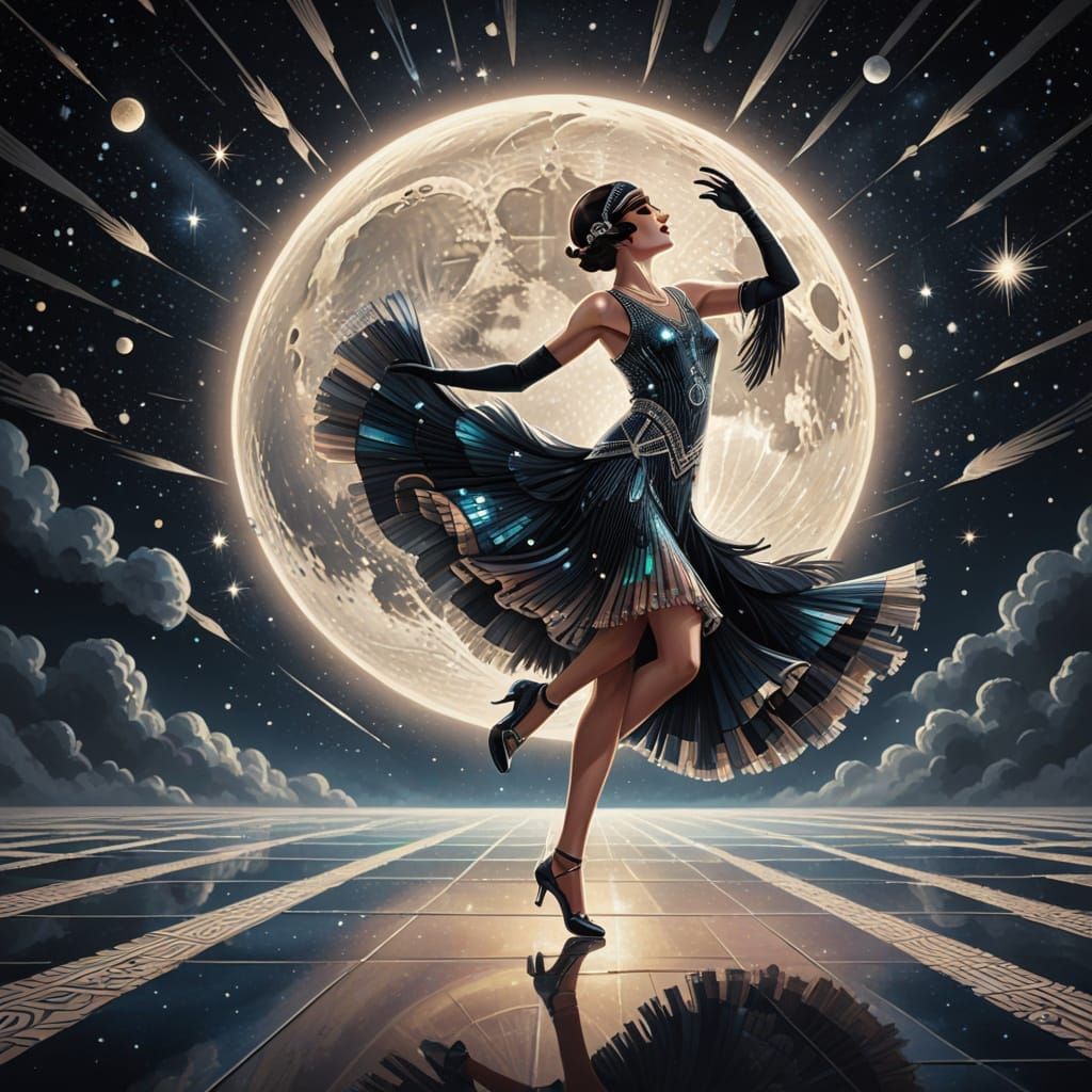 Glamorous Flapper Dances on the Moon in Art Deco Futurism St...