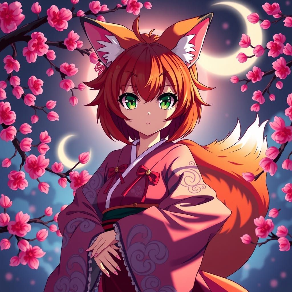 Mystical Anime Shrine Maiden Fox Girl in Cherry Blossom Para...