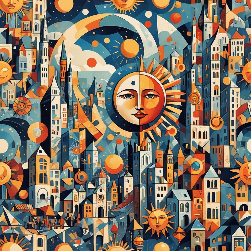 Cubist Tarot Card Scene in Art Deco Style