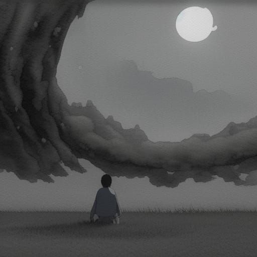 Melancholic Wasteland in Black and White Watercolor