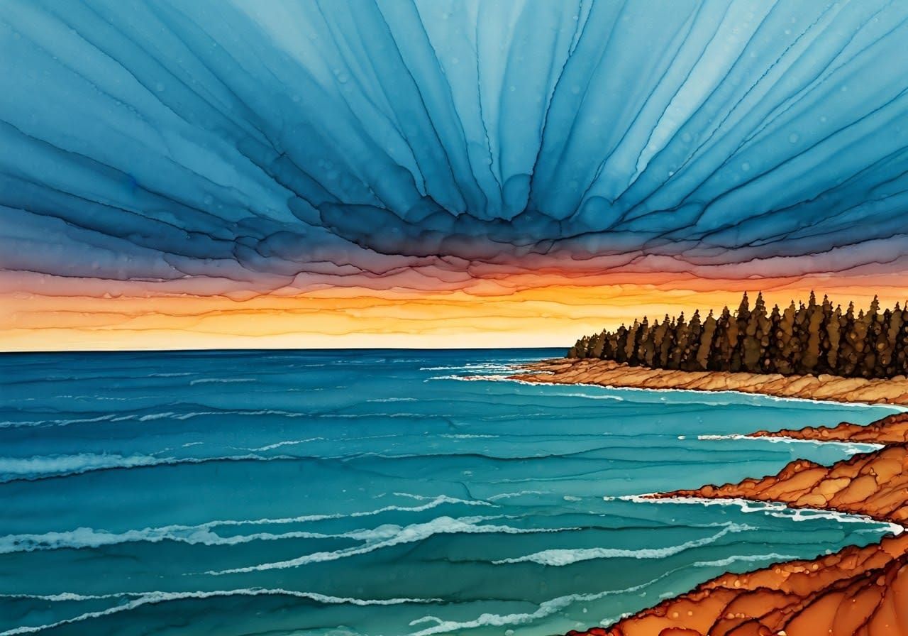 Stormy Shoreline Sunset in Alcohol Ink Style