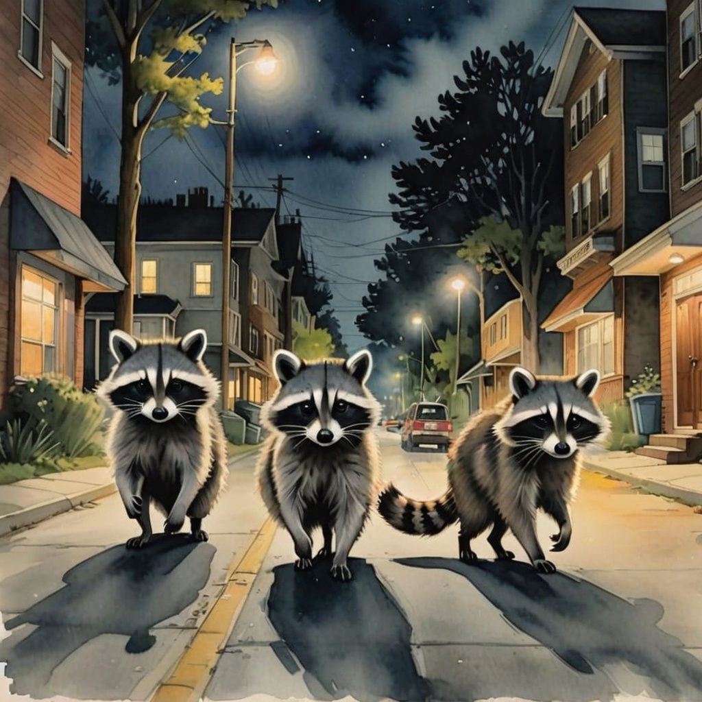 Raccoons in Watercolor Roaming a Street at Night
