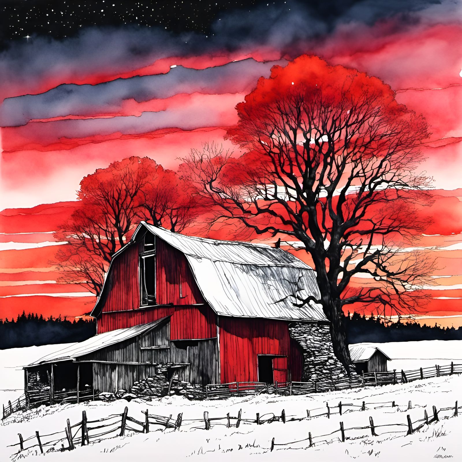 <lora:Autumn Winter:1.0> Red red sunset sky, barn, red tree,...