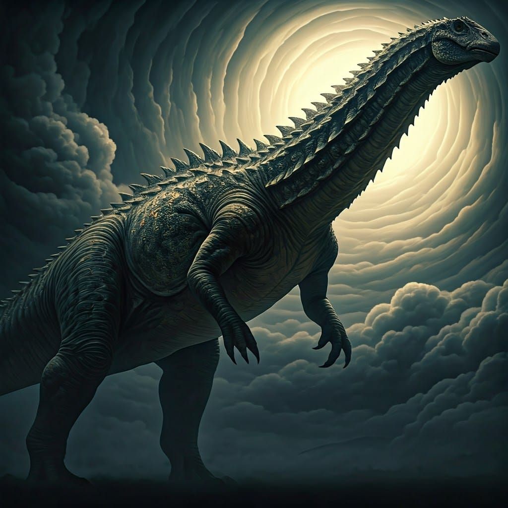 Colossal Dinosaur Rises Against Stormy Horizon
