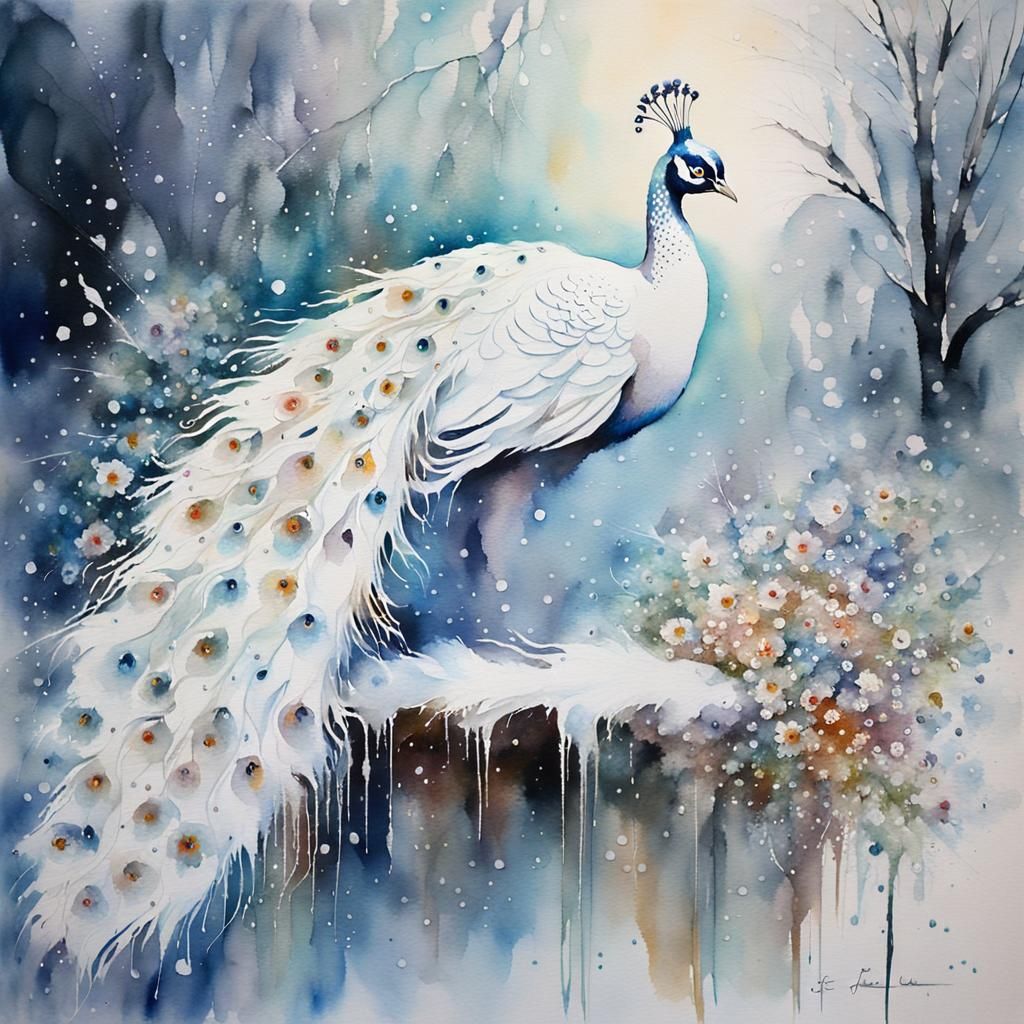 Luminous White Peacock in Jean Haines' Whimsical Watercolor....