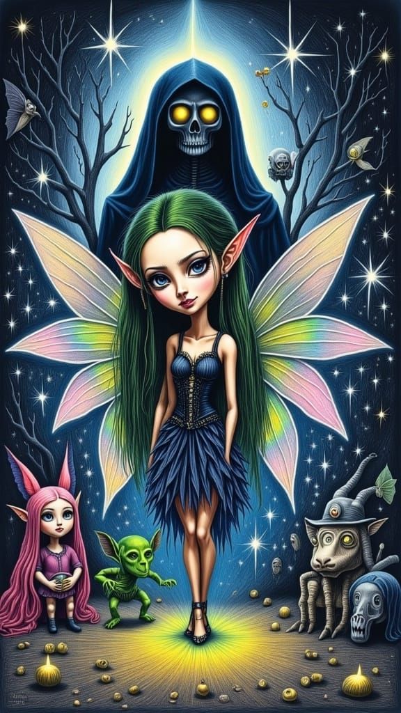Fairy Princess and Creatures in Naive Crayon Style