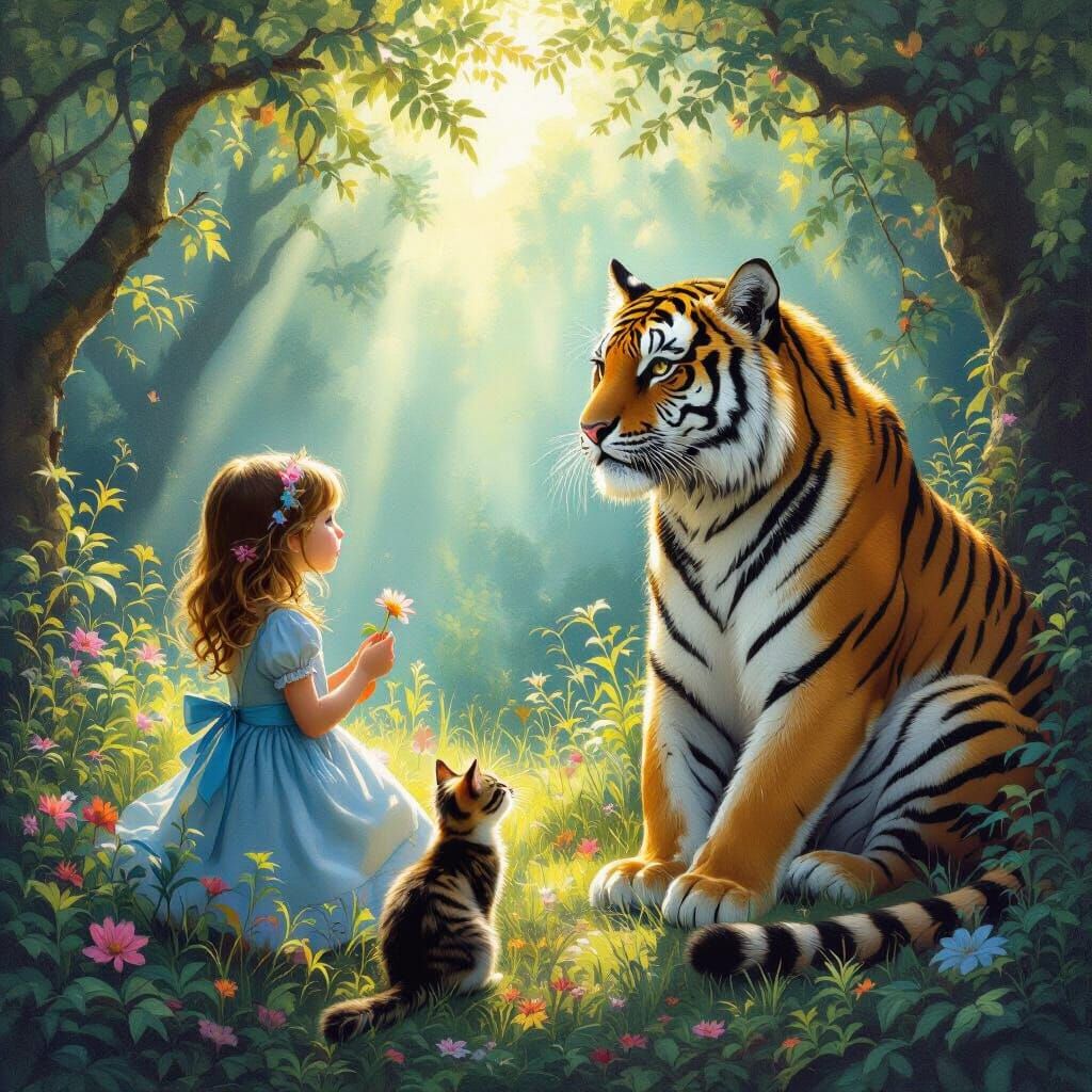 Girl with Cat and Tiger in Magical Forest