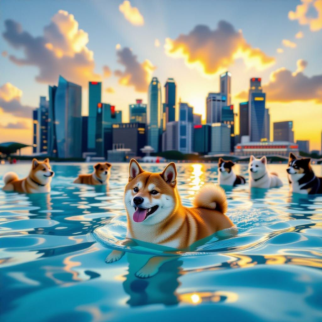 Shiba Inu Swims at Marina Bay Sands Sunset