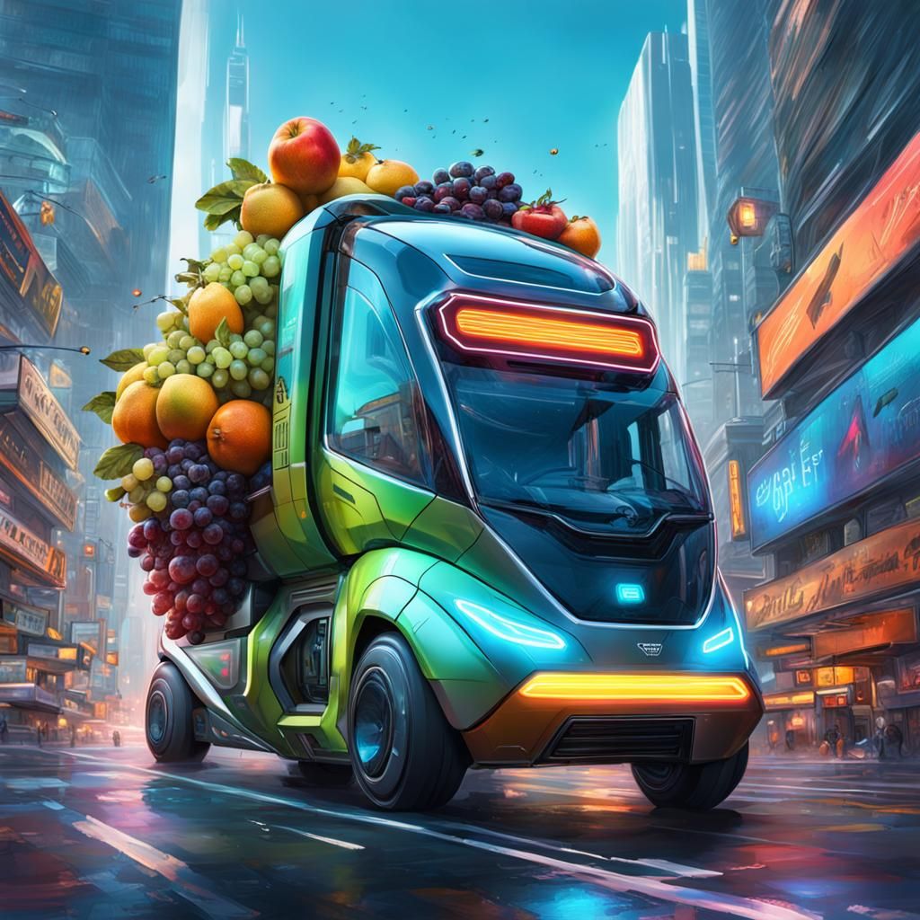 Flying Fruit Truck in Futuristic Neon City