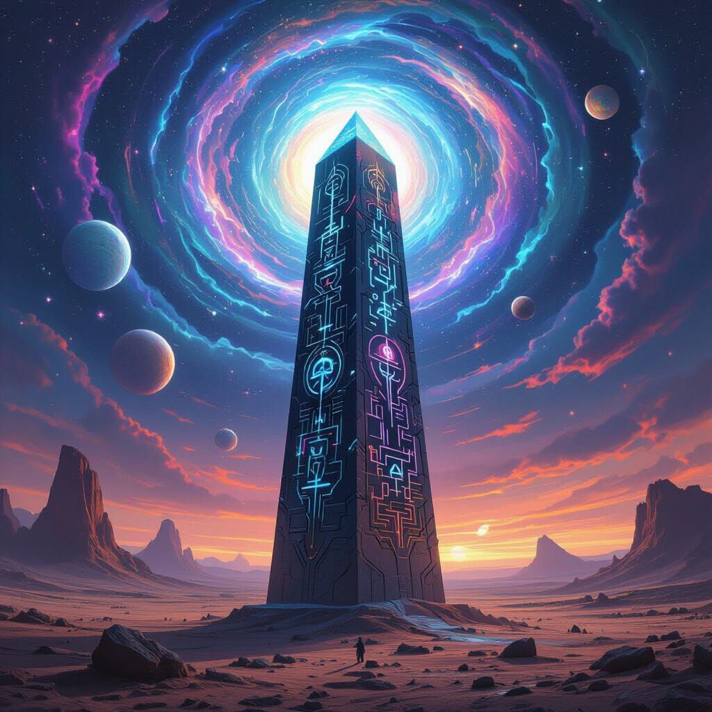 Pulsating Neon Obelisk in Alien Landscape