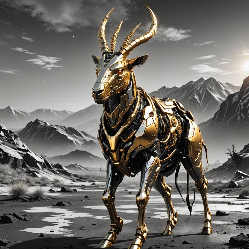 Golden Cyborg Antelope in a Wasteland: Hyperrealistic Art