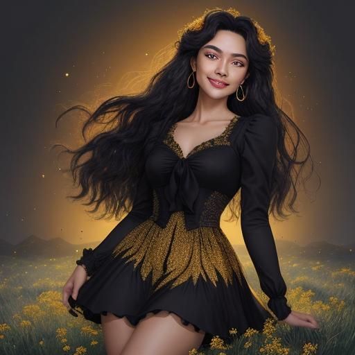 Fiery Dress on Gorgeous Woman in Golden Field