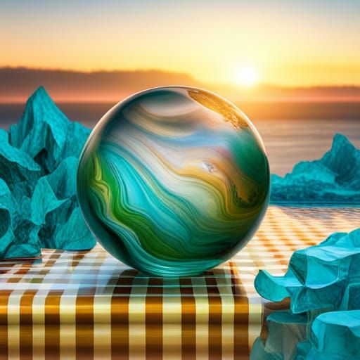 Translucent Amber Marble on Checkered Table at Sunrise