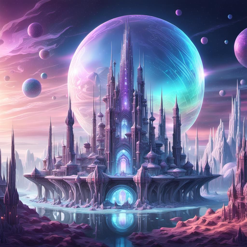 Opalescent Crystal Alien City in Fantasy Style