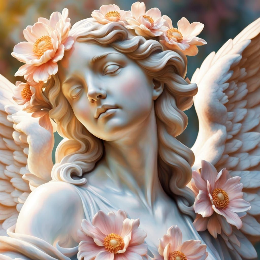 Marble Angel Statue with Flowers, Hyperrealistic Oil Paintin...
