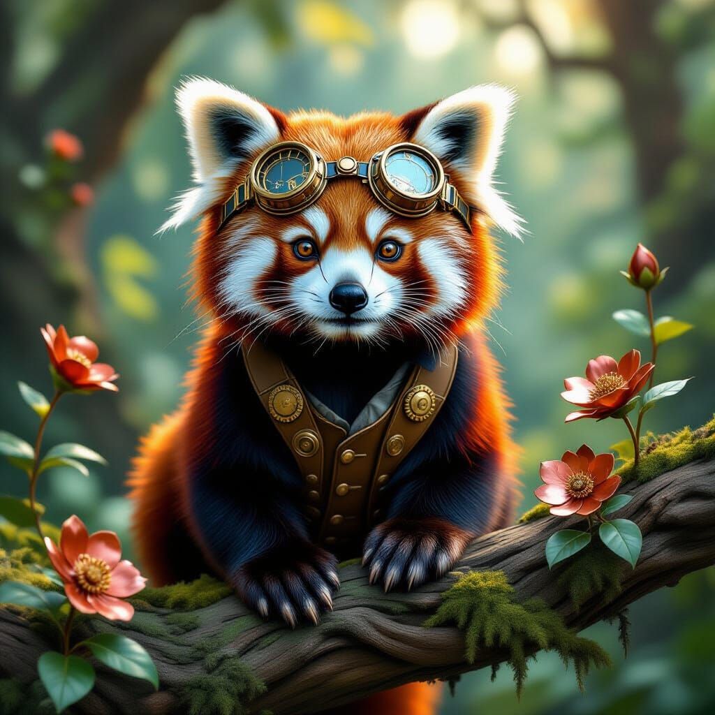 Steampunk Red Panda on Branch in Sun-Dappled Forest