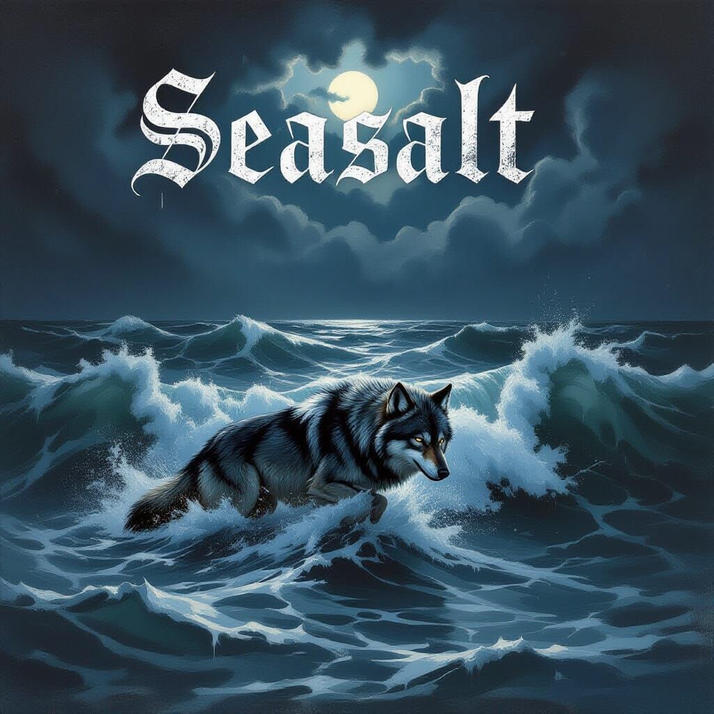 Lone Wolf Drowning in Dark Ocean Waves Oil Painting