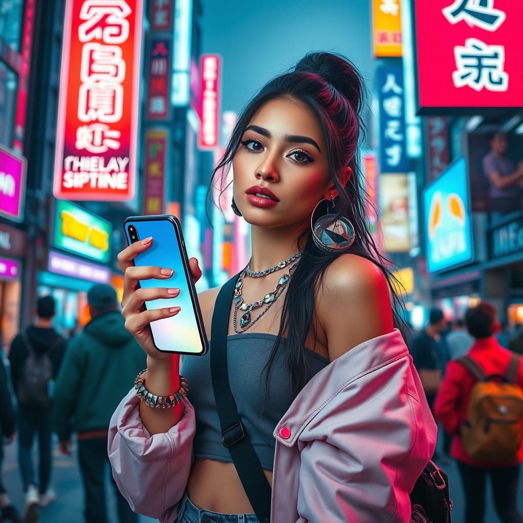 Confident Influencer in Neon Urban Scene