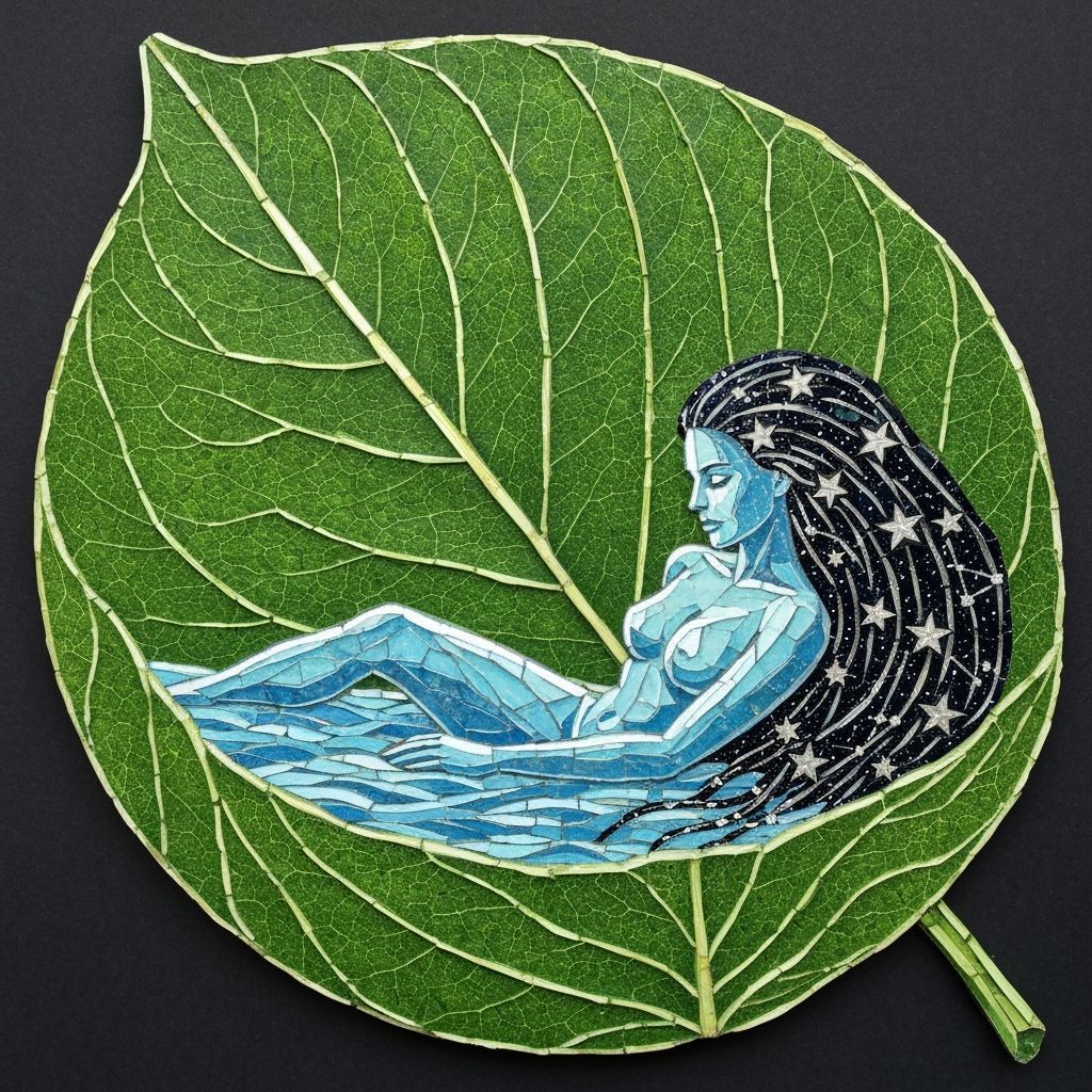 Mosaic Water Woman Rests on Dewy Leaf