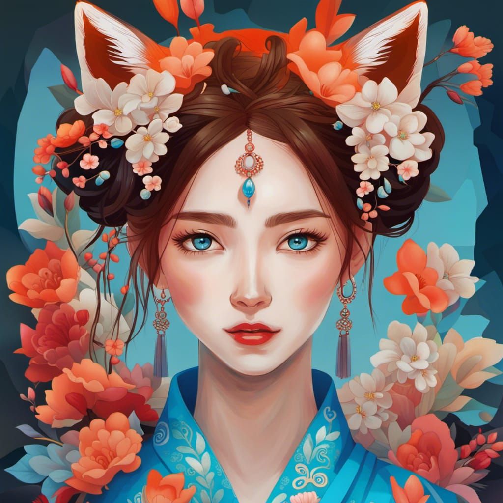 Elegant Fox-like Girl in Hanbok Dress