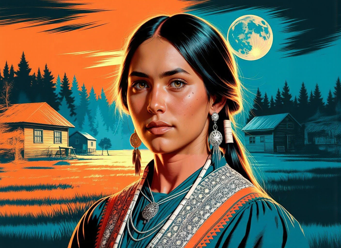 Serene Cherokee Woman in Moonlit Prairie: Mucha-Inspired Por...