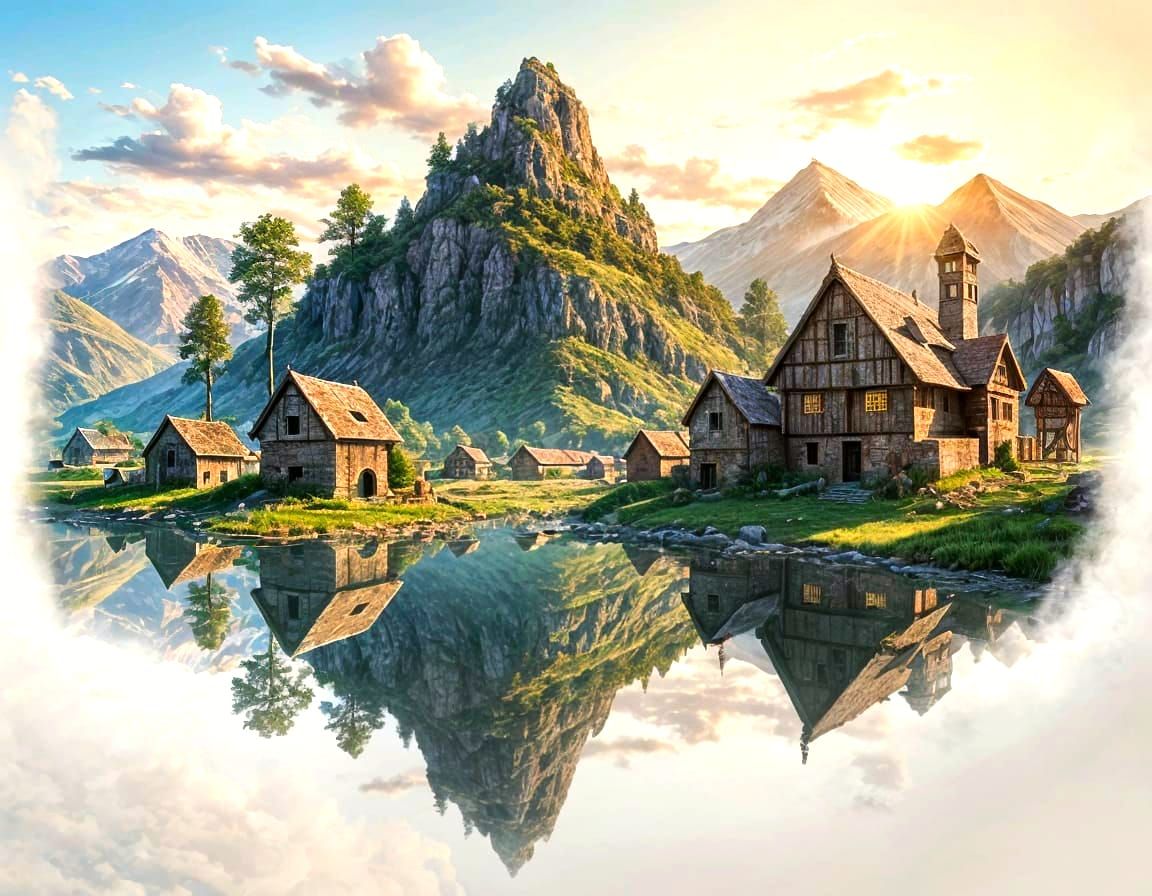 Hyper Realistic Ancient Rural Landscape With Valley and Moun...