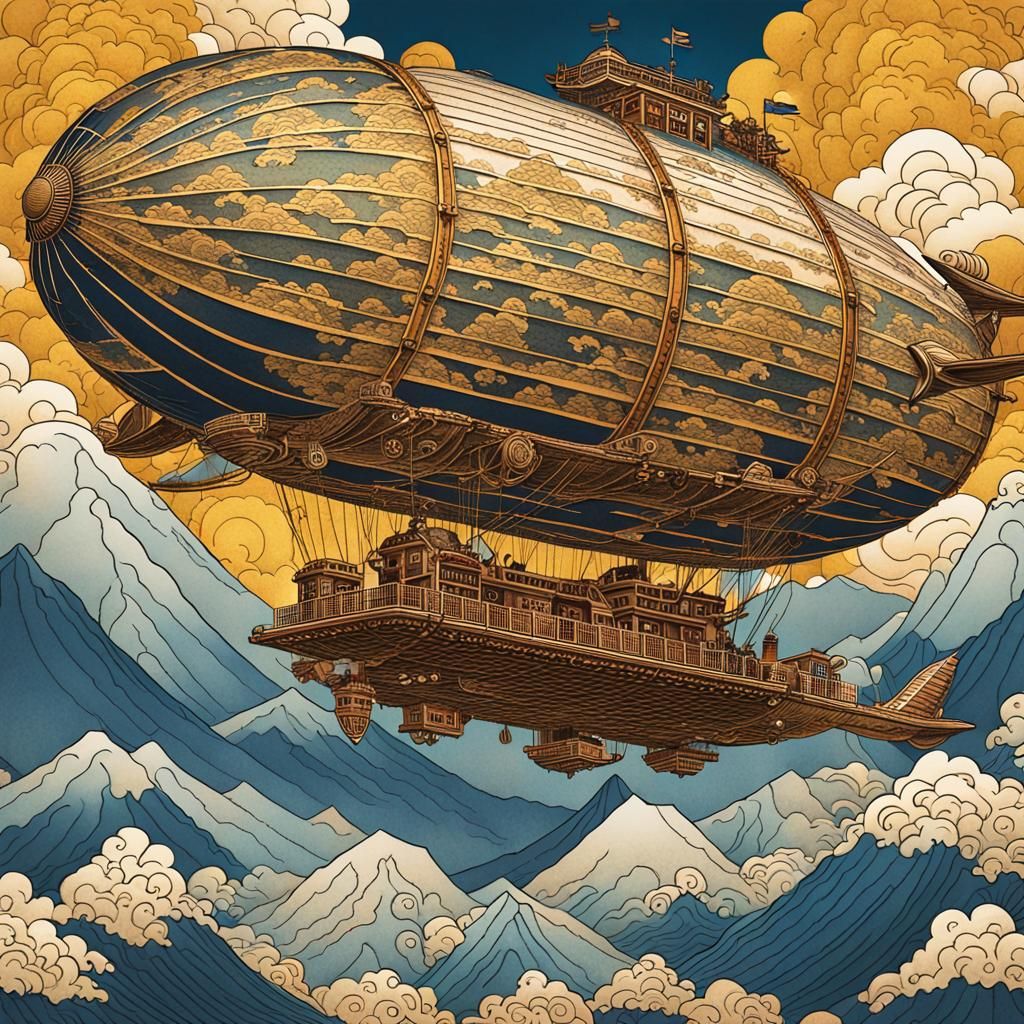 Steampunk Airship Soaring in Ukiyo-e Style