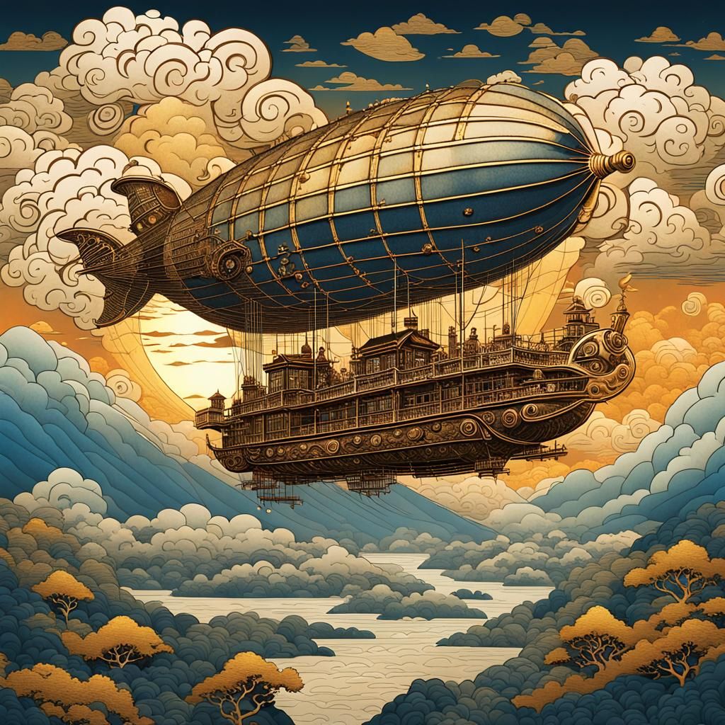 Steampunk Airship Soaring Above Japanese Landscape