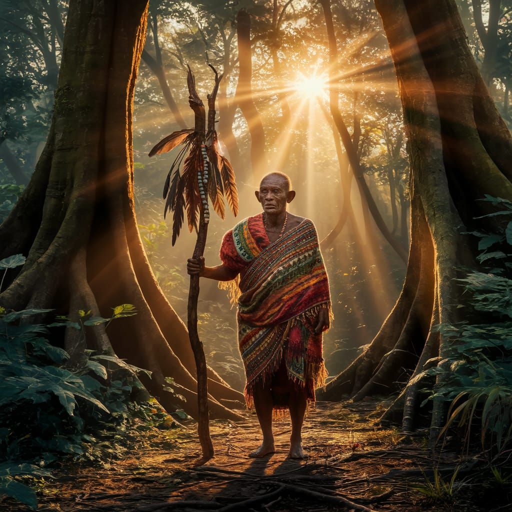 Pygmy Elder in Rainforest: Wisdom and Sunlight