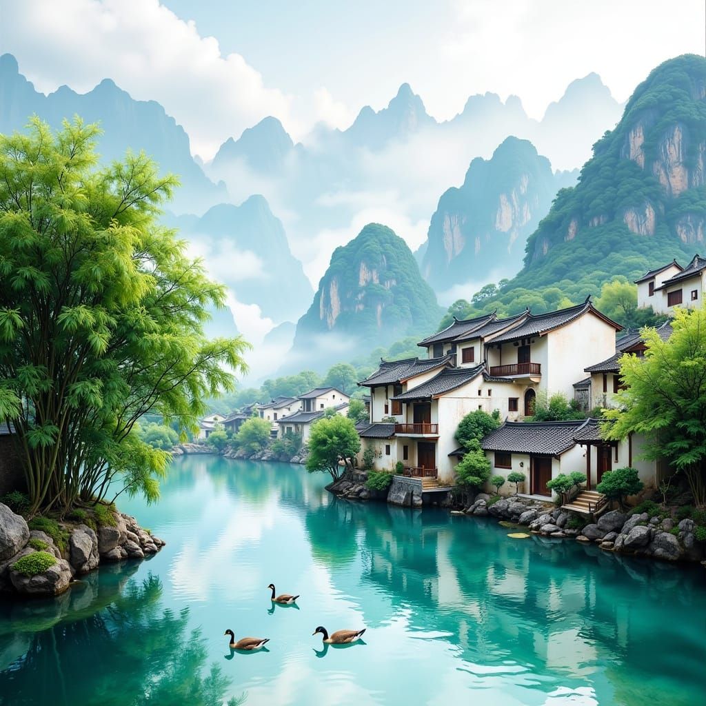 Serene Huizhou Architecture in Oil Painting