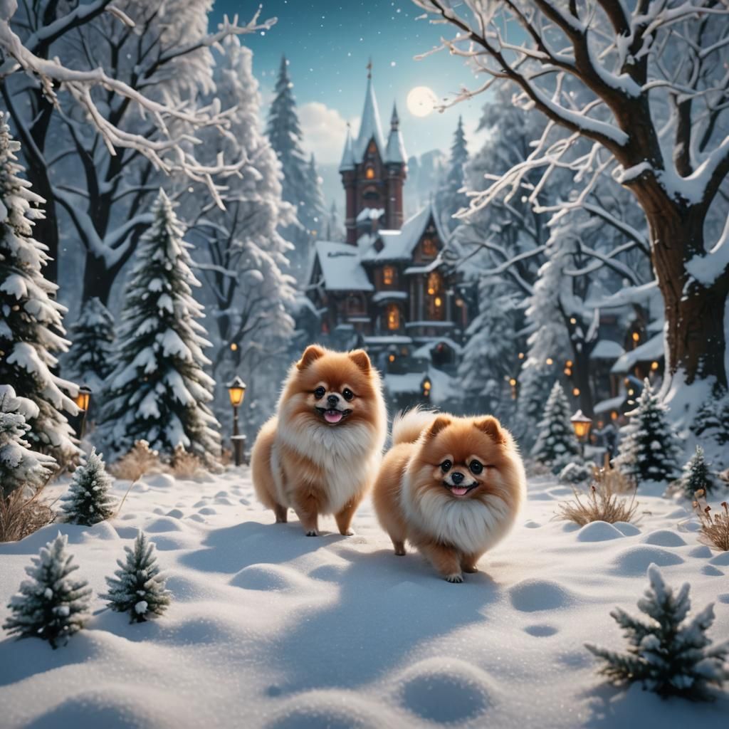 Pomeranian Dog in Winter Wonderland: Detailed Matte Painting