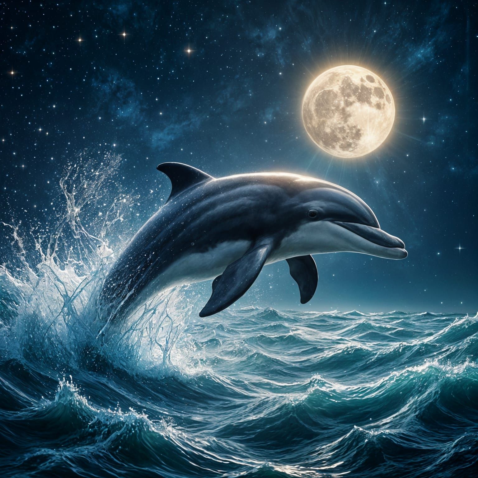Sleepy Dolphin Leaping Under Starry Moonlight Sky
