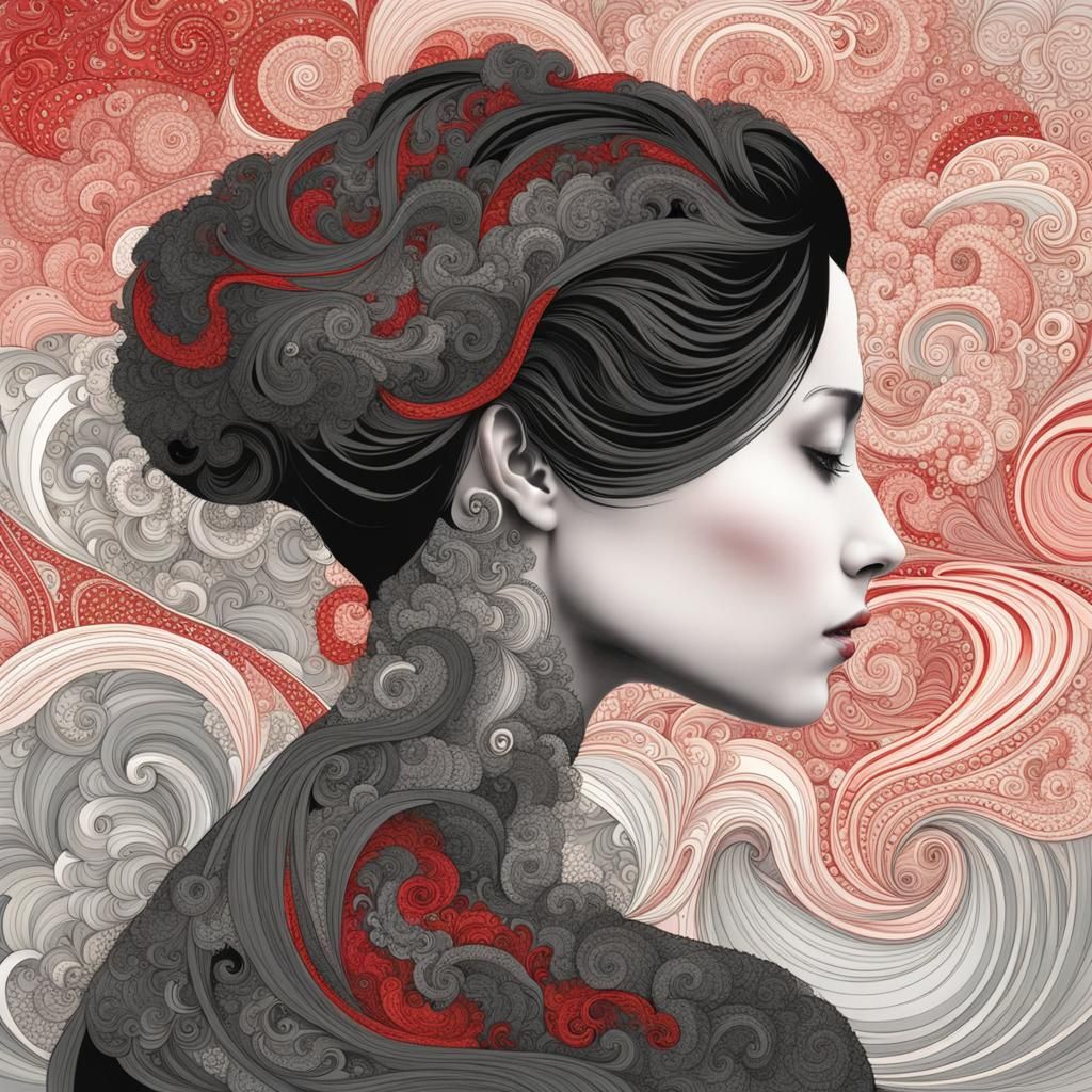 Klimt-Inspired Fractal Woman Portrait in Red, Grey, and Blac...