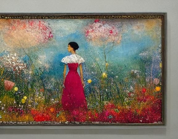 Girl in Blooming Flower Meadow, Watercolor Style