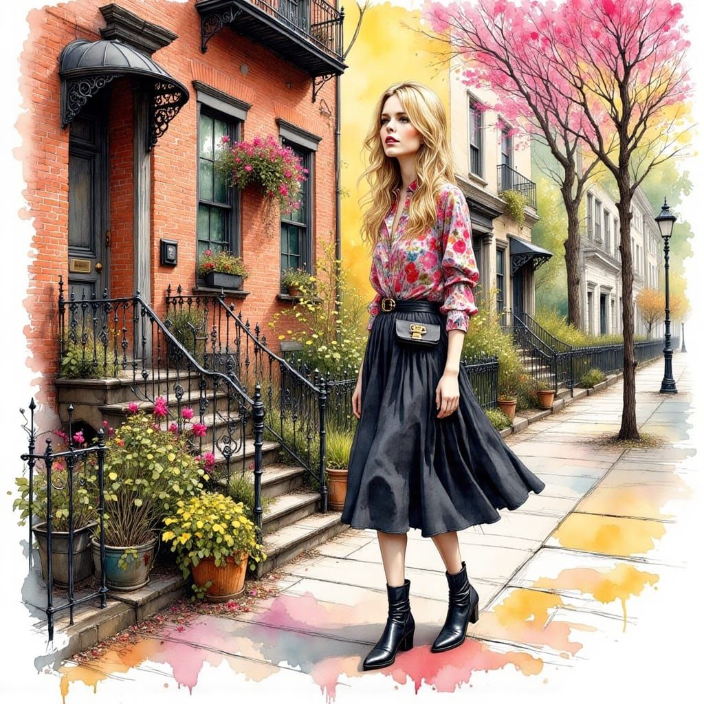 Woman in Boston Apartment, Ink Art Style