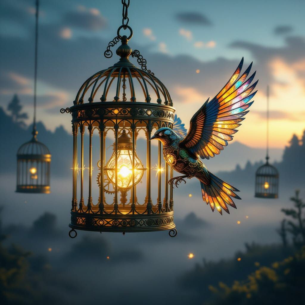 Steampunk Cage with Mechanical Bird at Twilight
