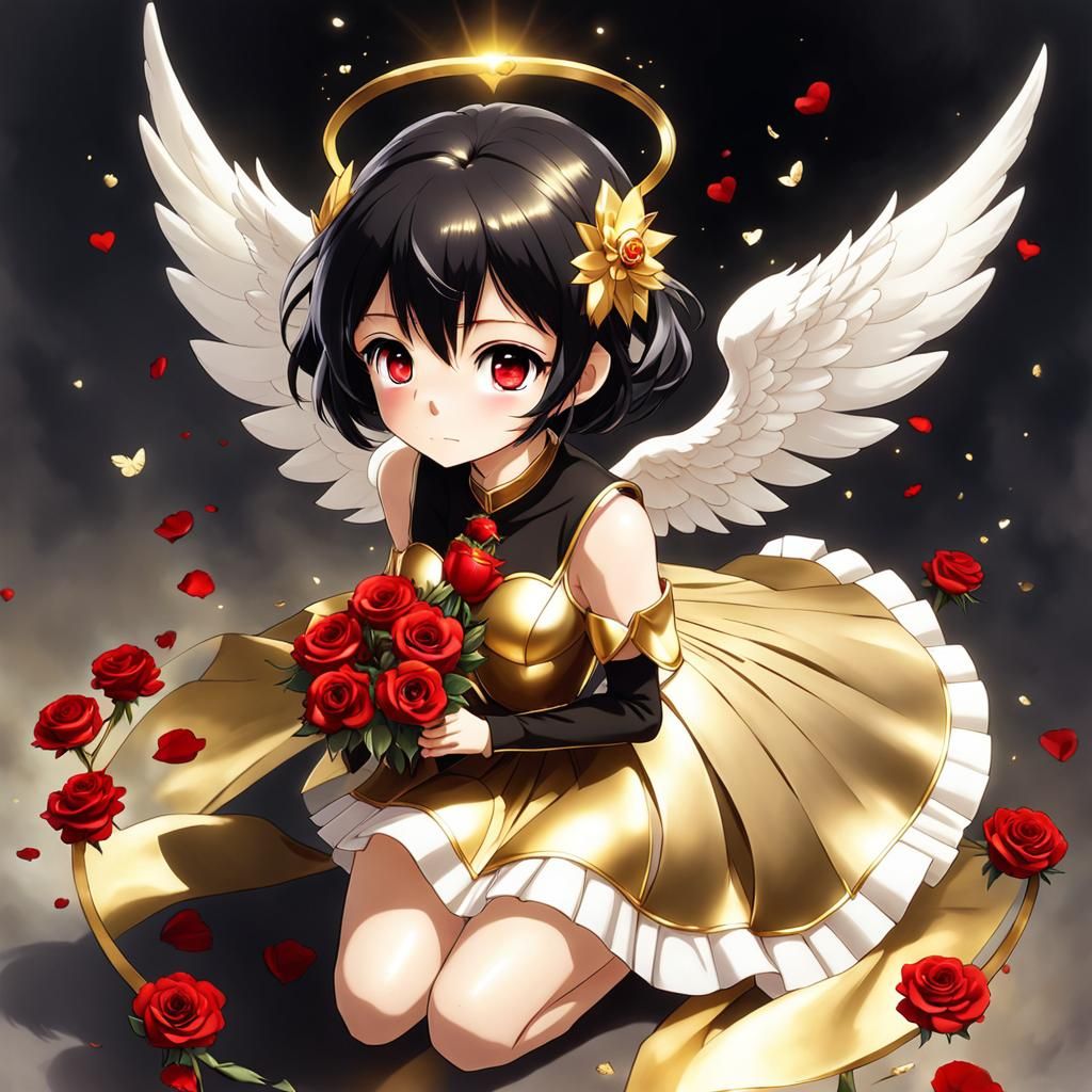 Anime Angel Girl with Roses and Hearts