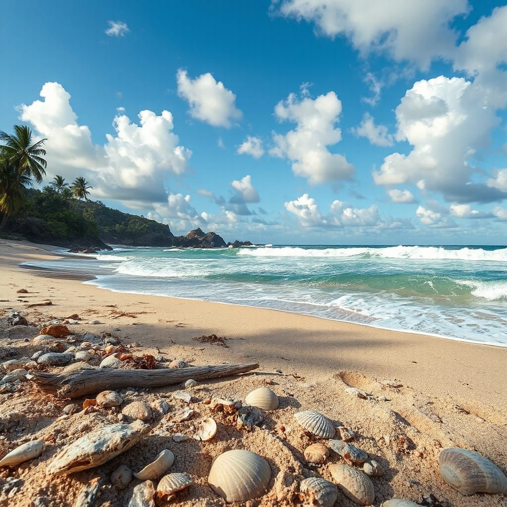 Vibrant Coastal Landscape with Palms, Sea, and Rocks