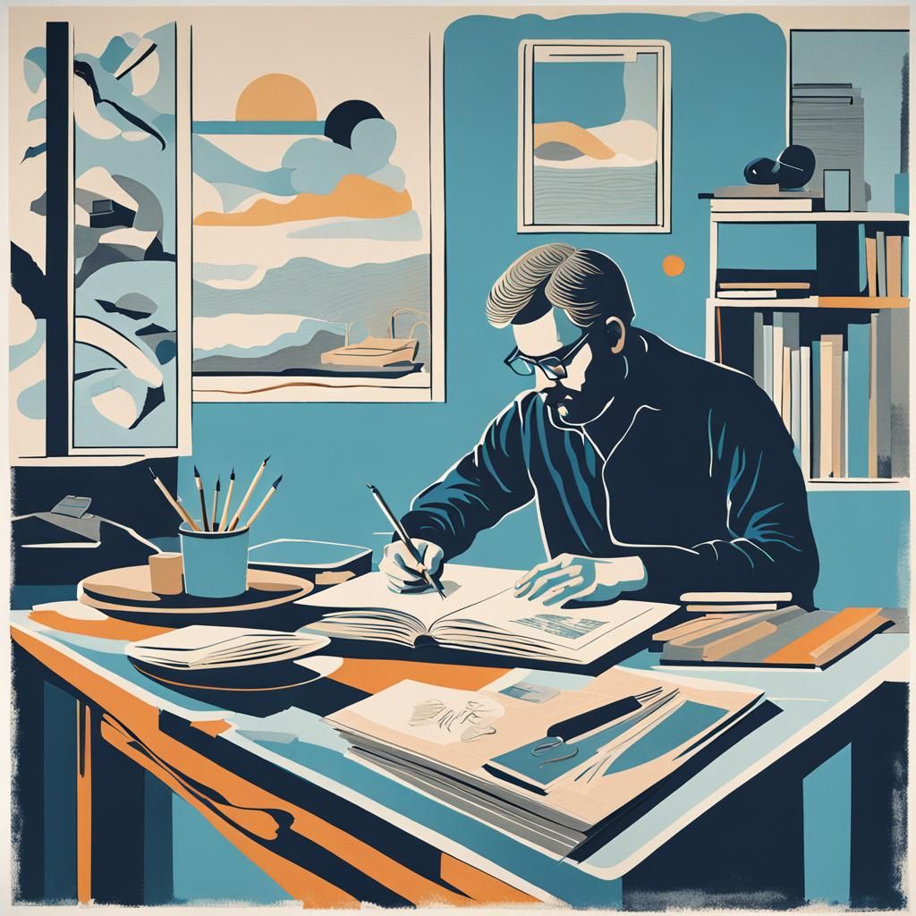 Minimalist Writer in Modern Study: Pastel Poster Art