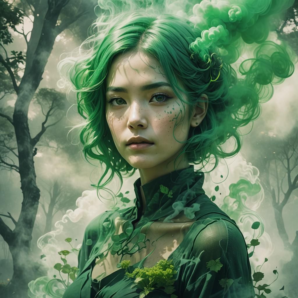 Green Haired Woman Double Exposure Digital Art