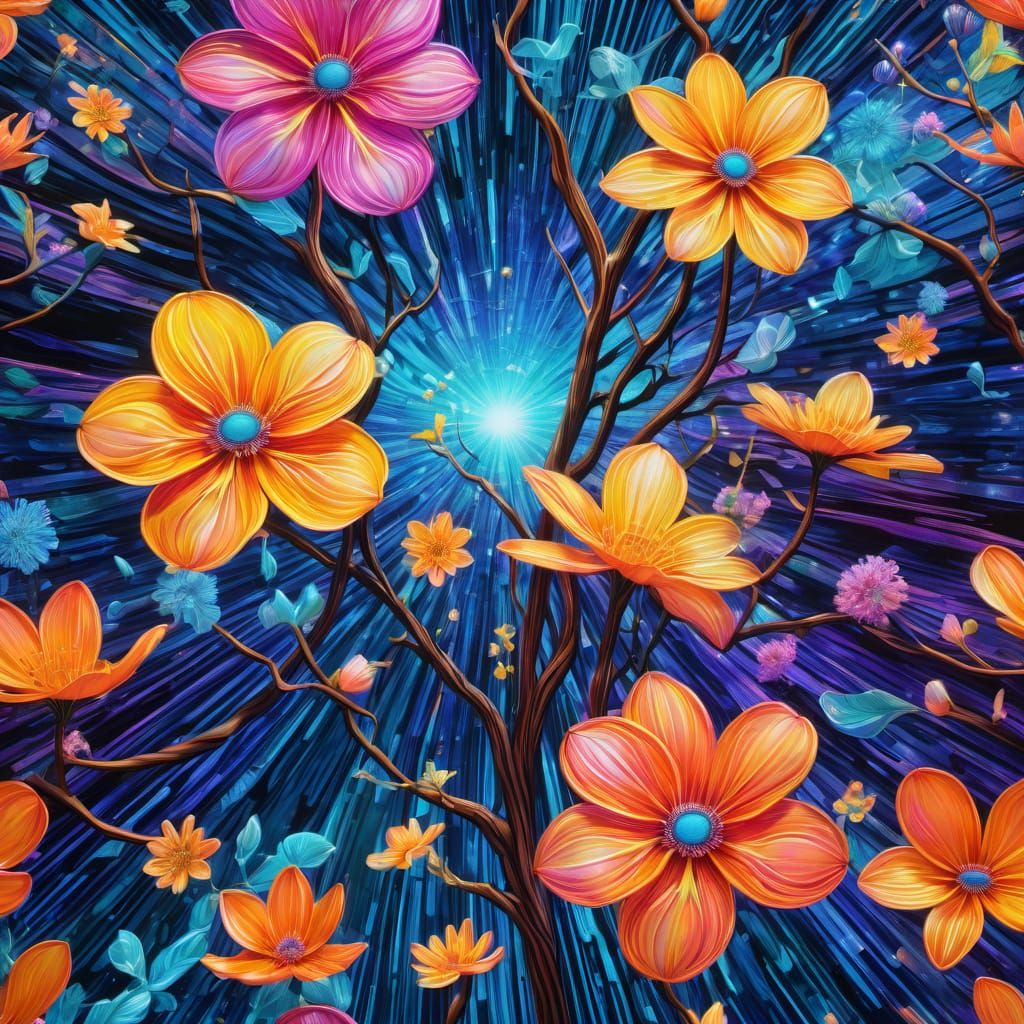 Vibrant Cosmic Spring Scene in Striped Hues