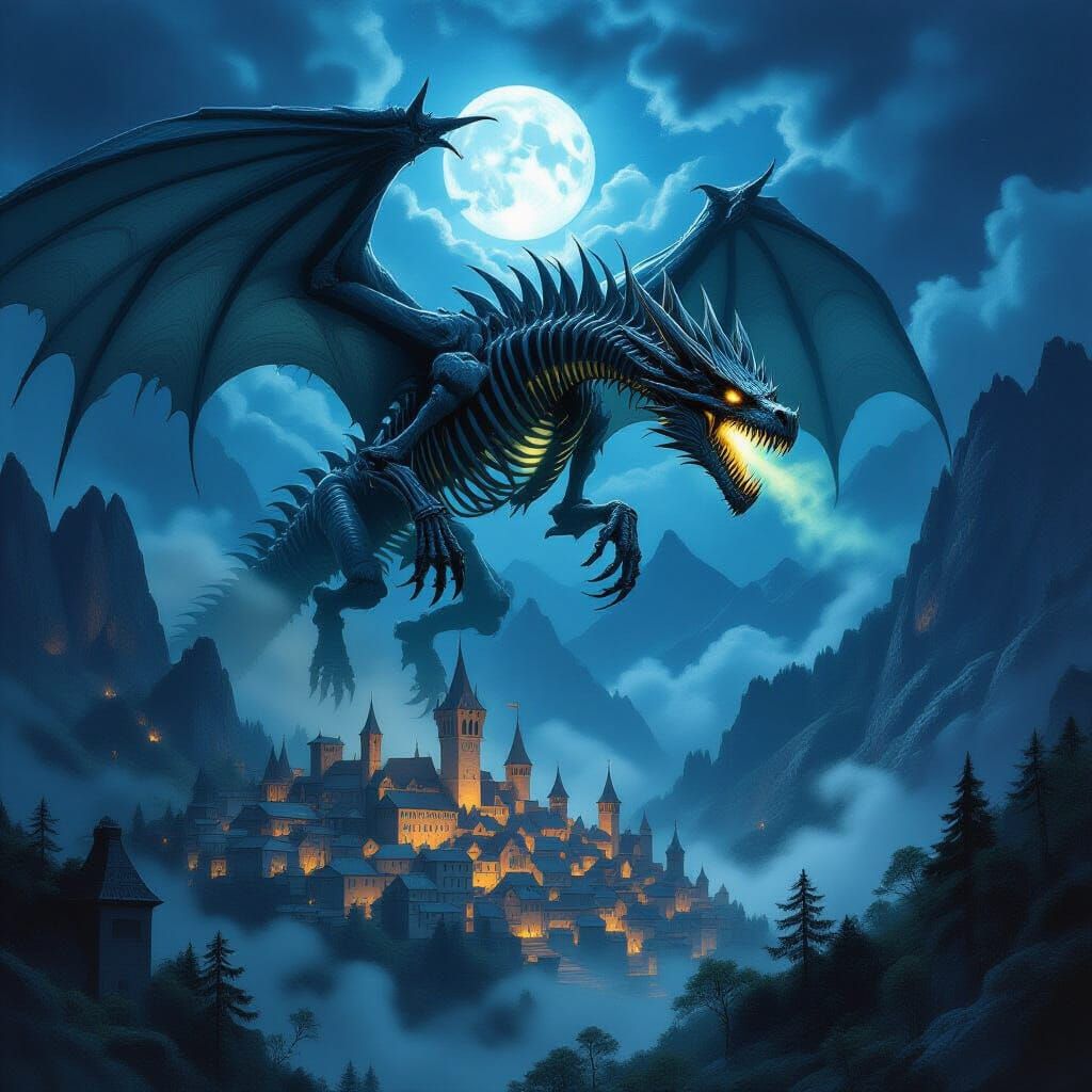 Skeletal Dragon Attacks Village in Dark Fantasy Style